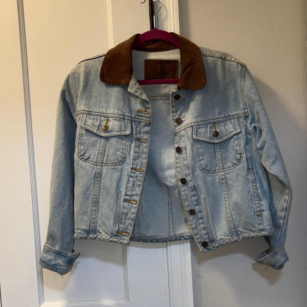 Vintage Rafaella Light Wash Denim Jacket with Brown Suede Collar